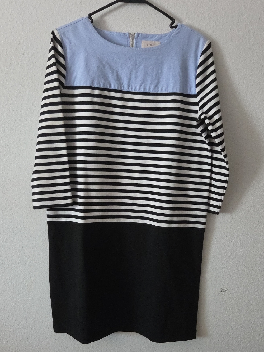 LOFT Light Blue, Black & White Striped Shift Dress Medium